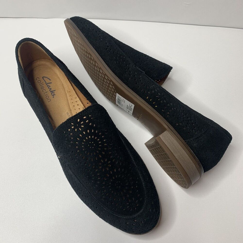 Clarks TRISH CALLA Black Suede Perforated Loafers Shoes Wide Size